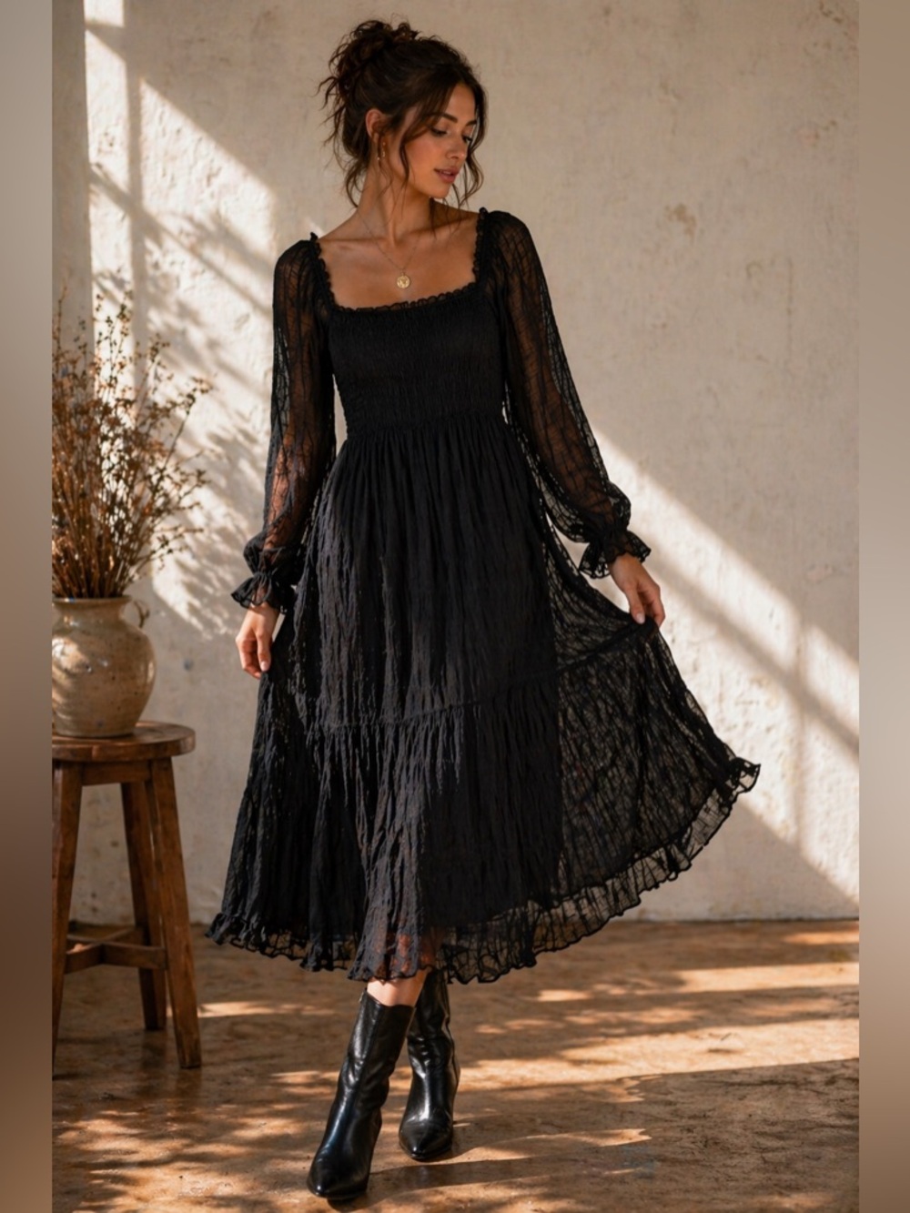 Max Studio Black Smocked Midi Dress Sheer Sleeves Soft Goth Dark Romance S NWT
